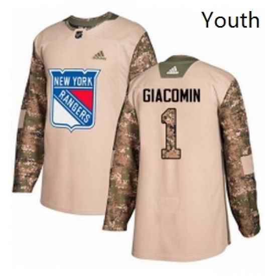 Youth Adidas New York Rangers 1 Eddie Giacomin Authentic Camo Veterans Day Practice NHL Jersey